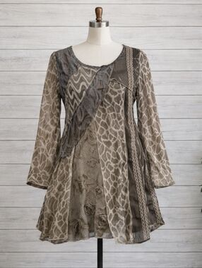 ADORE Mixed IMEDIA ASYMMETRICAL Patchwork TUNIC TOP Neutral